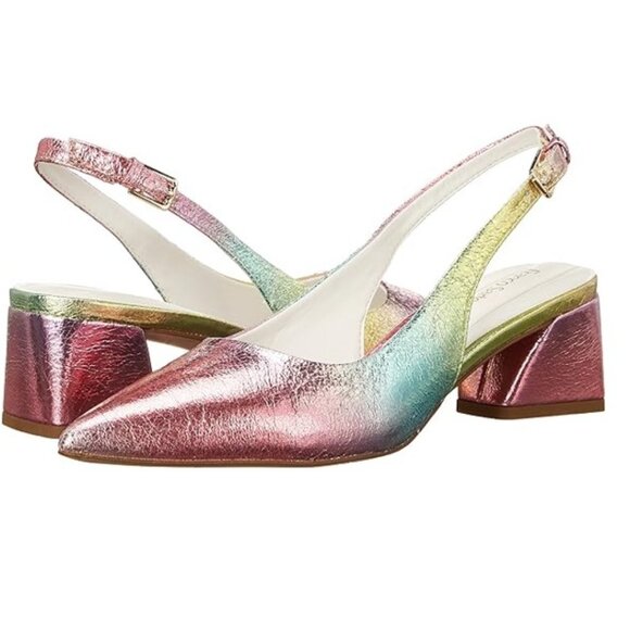 Franco Sarto Racer Slingback Block Heel Sz 7.5M Metallic Pink Blue Green Rainbow - Picture 2 of 16